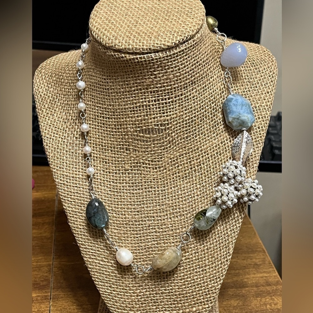 One of a Kind Pearls Labradorite Opalescent Aquamarine Asymmetrical Necklace